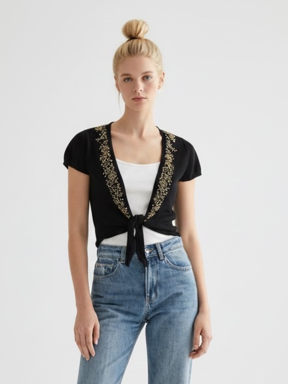 Oboe Y2K Black Tie-Front Summer Cardigan with Gold beads Embellishment size S